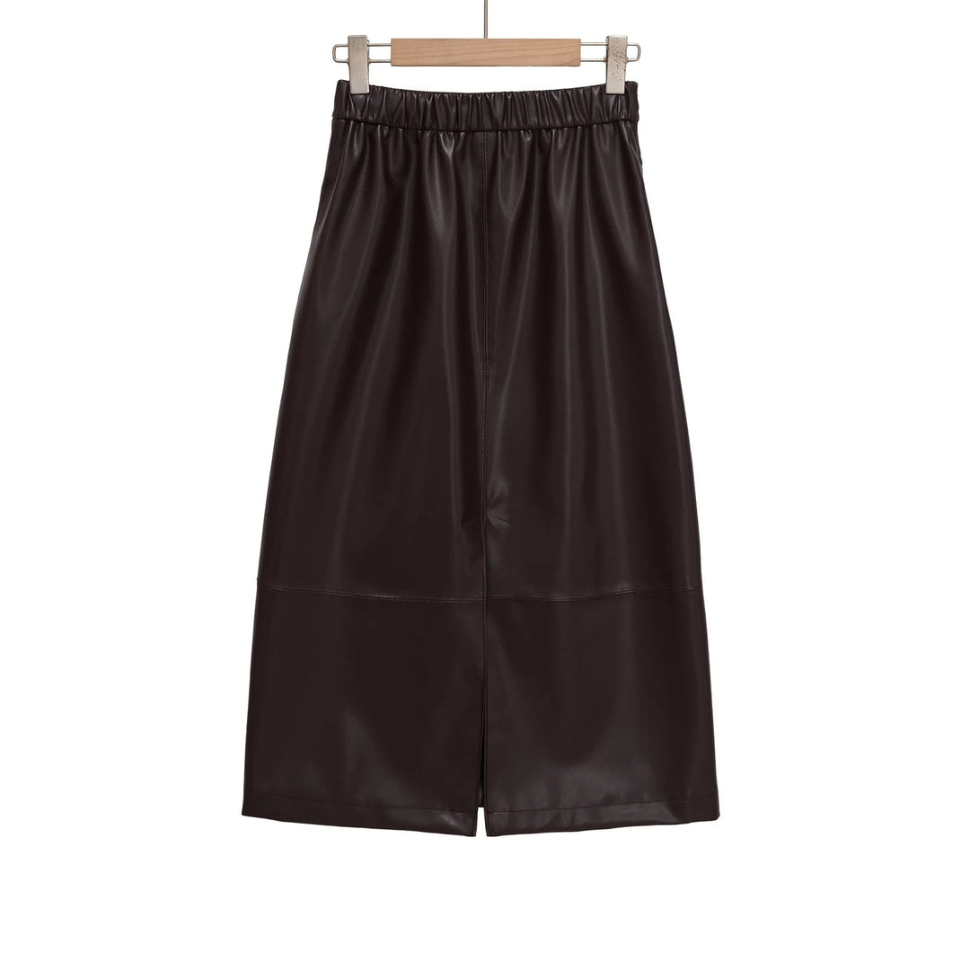Women's tailored midi skirt in leather look with a high waistband, dividing seams, and back slit Mune Fashion