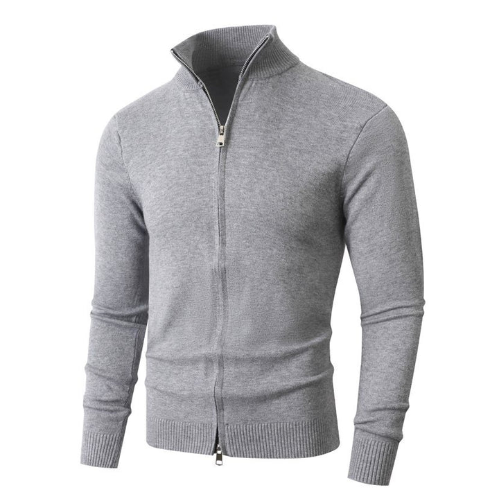 Men's Slim Fit Fine Knit Cardigan with Double Zipper and Stand Collar Mune Fashion