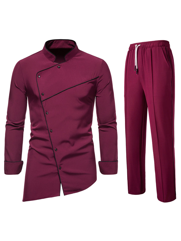 Men's chef jacket and pants set made of easy-care microfiber with asymmetrical button placket and black piping Mune Fashion