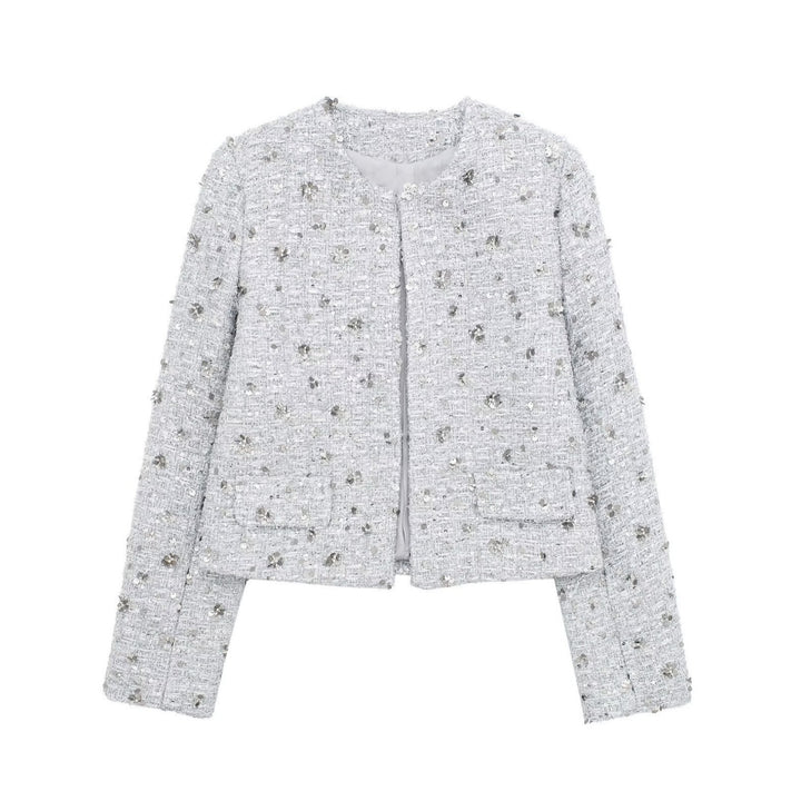 Women's short-cut Boucle Tweed jacket with floral sequin appliqué and open front Mune Fashion