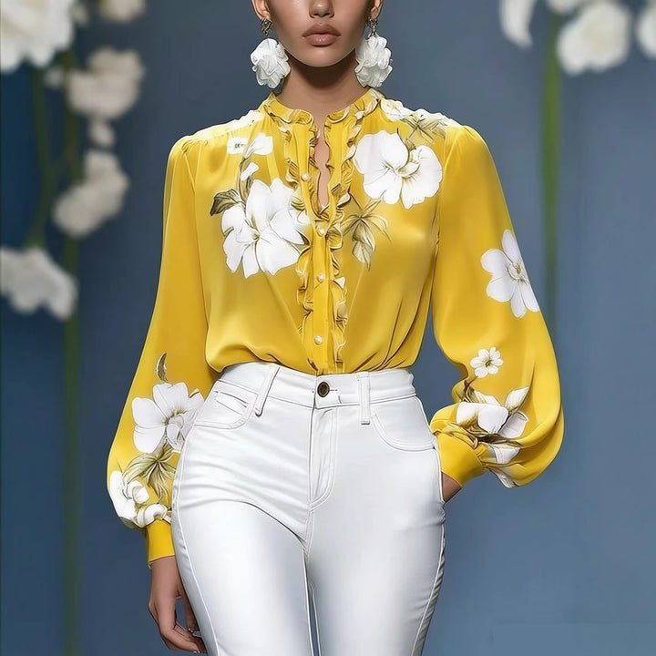 Women's silk blouse with ruffle trim and floral appliqué Mune Fashion