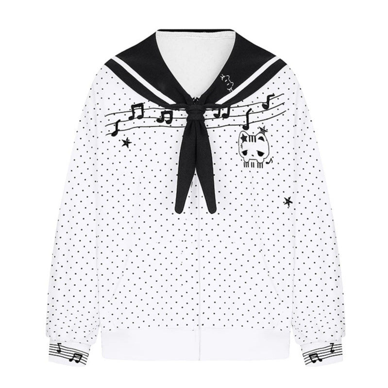 Women's zip-up sweat jacket in sailor style with bow collar, polka dot and music motif Mune Fashion