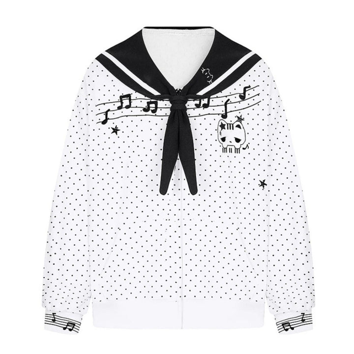Women's zip-up sweat jacket in sailor style with bow collar, polka dot and music motif Mune Fashion