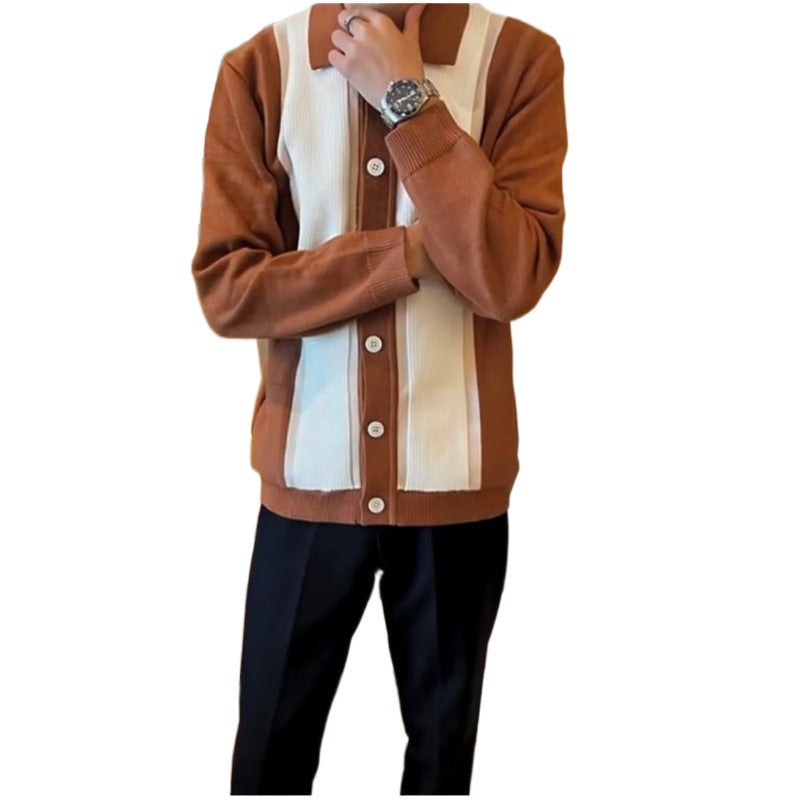 Women's Fine Knit Cardigan with Polo Collar, Contrasting Ribbed Inserts and Continuous Button Placket Mune Fashion