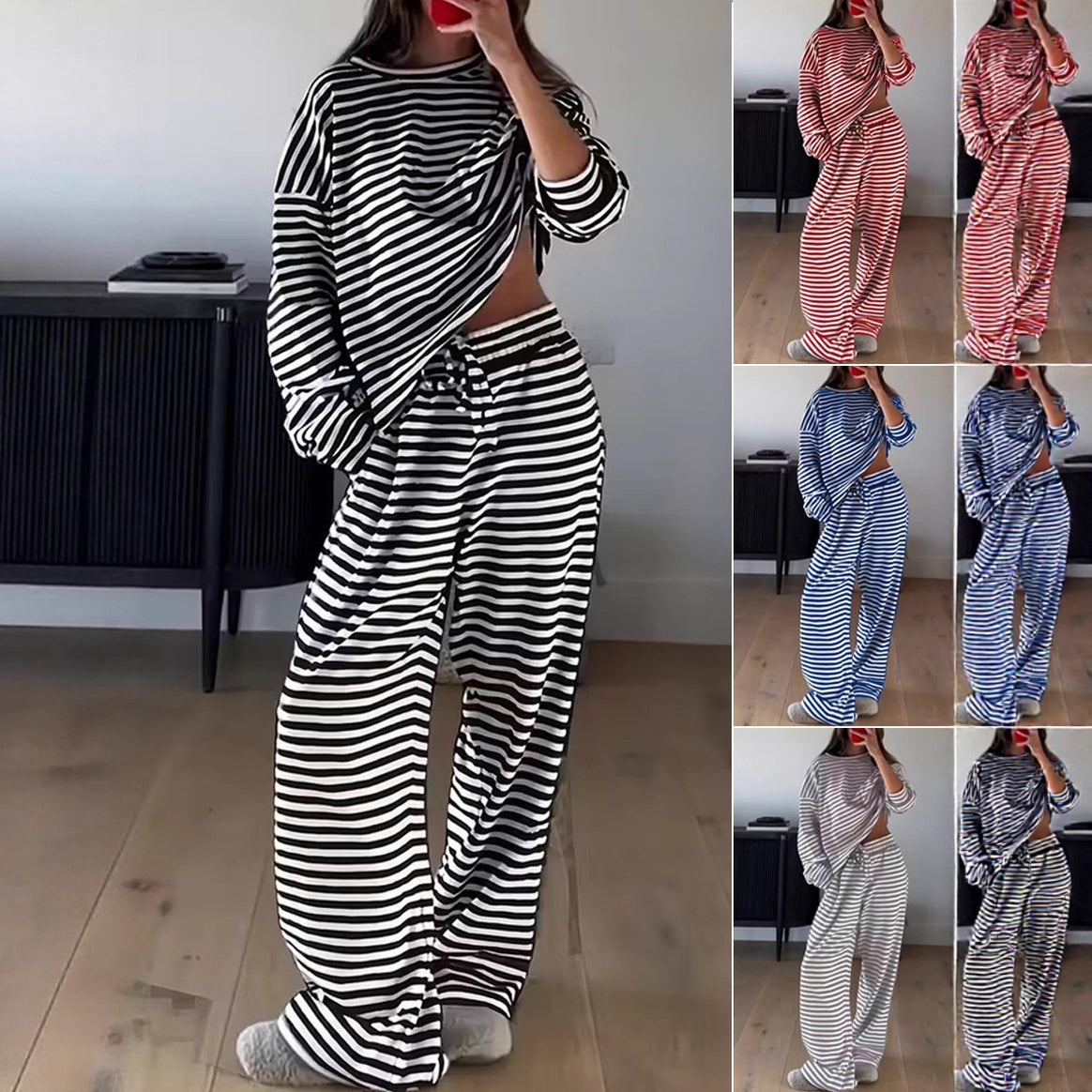 Women's Striped Lounge Set made from a soft cotton blend with wide leg Mune Fashion