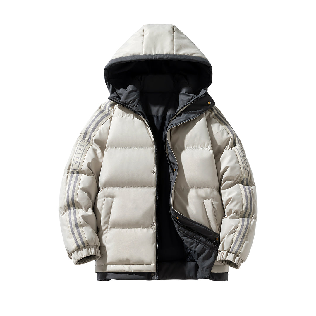 Men's sporty quilted hooded jacket with two-way zip, drawstring, and reflective shoulder stripes Mune Fashion