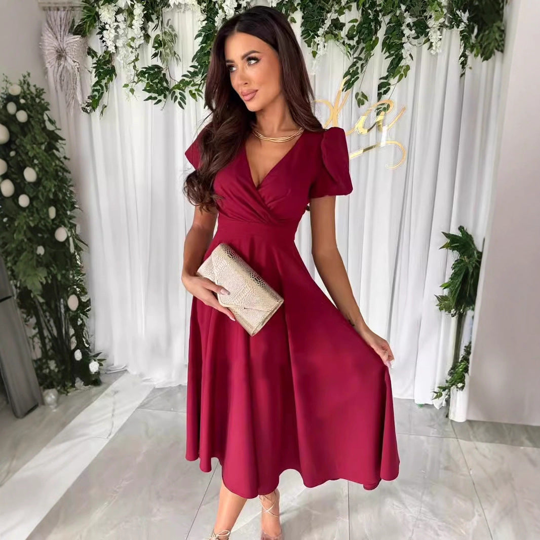 Women's elegant midi dress with wrap look and flared skirt Mune Fashion