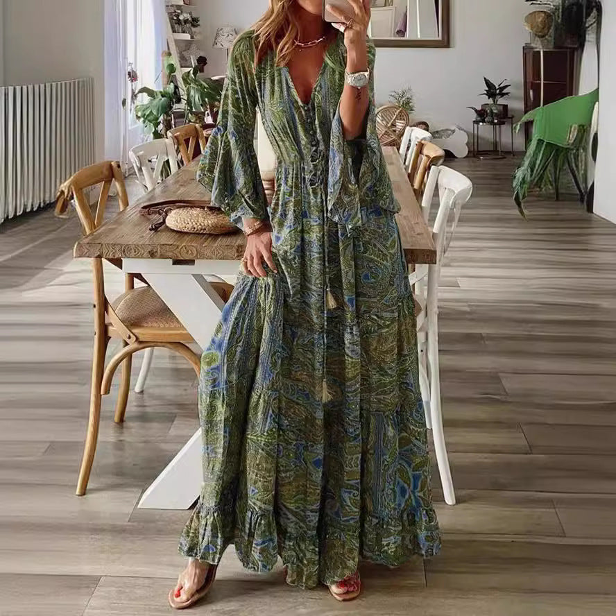 Women’s Boho Maxi Dress with Paisley Print, V-Neck, Ruffle Sleeves, and Waist Tie Belt Mune Fashion