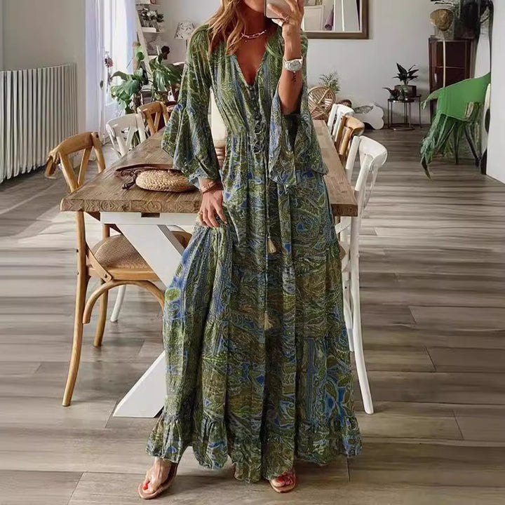 Women’s Boho Maxi Dress with Paisley Print, V-Neck, Ruffle Sleeves, and Waist Tie Belt Mune Fashion
