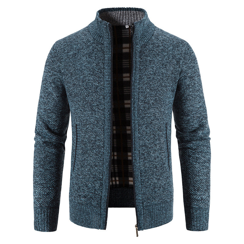 Men's knitted cardigan with full zip, stand-up collar and checkered lining Mune Fashion