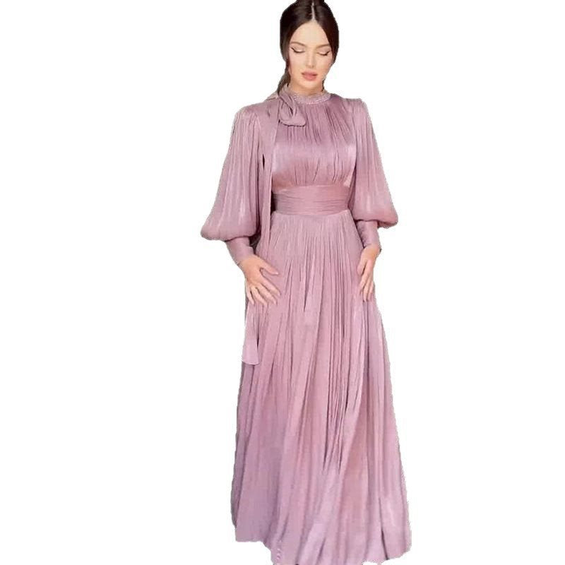 Women Elegant Chiffon Maxi Dress with Tailored Wrap Waist, Stand Collar and Long Puff Sleeves Mune Fashion