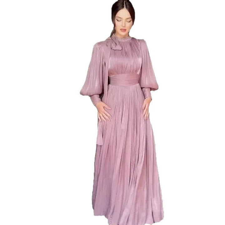 Women Elegant Chiffon Maxi Dress with Tailored Wrap Waist, Stand Collar and Long Puff Sleeves Mune Fashion