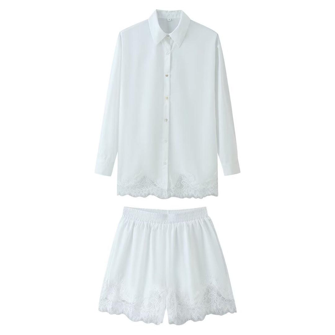 Women's two-piece satin pajama set with shirt blouse, elastic waistband shorts, and lace trim Mune Fashion