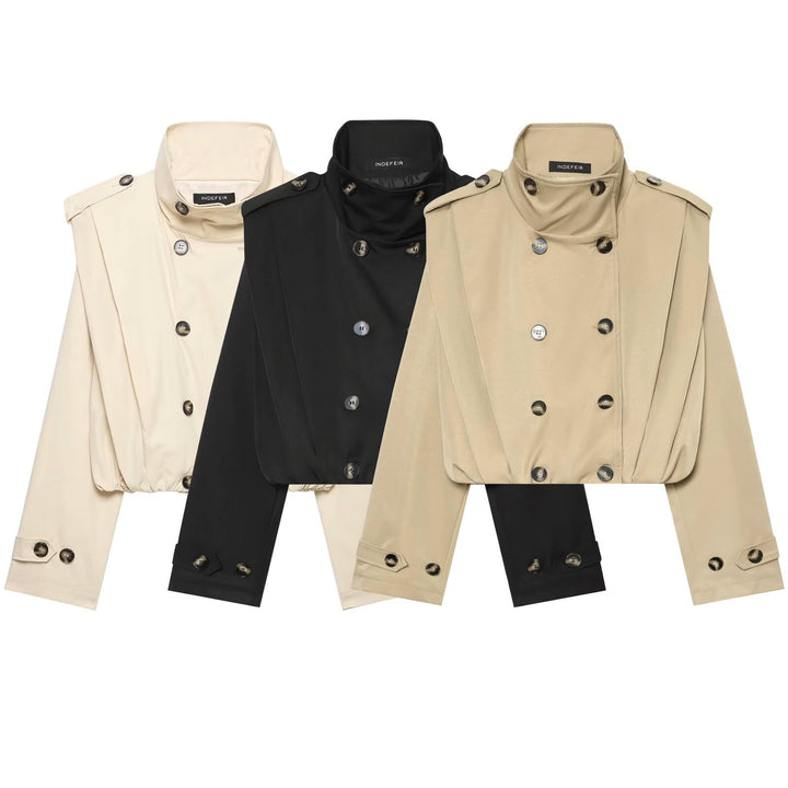 Women's Cropped Trench Coat in Cape Look with Double-Breasted Button Placket and High Stand Collar Mune Fashion