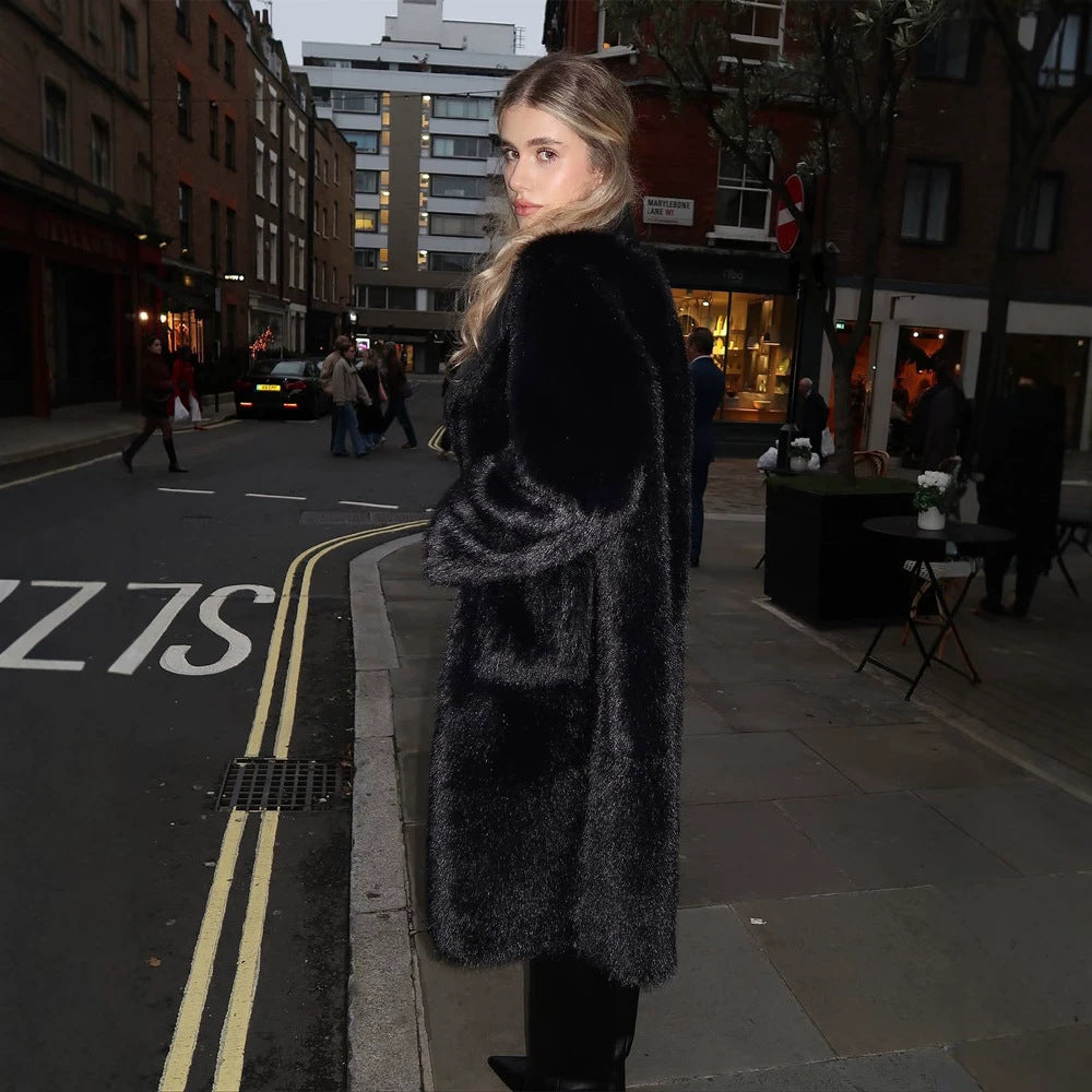 Women's Long Cut Faux Fur Coat with Large Shawl Collar and Concealing Oversize Fit Mune Fashion