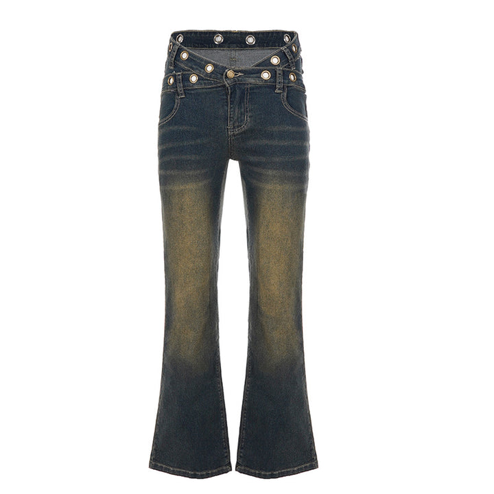 Women High-Waist Flared Jeans with Double Studded Waistband and Used Effect Mune Fashion