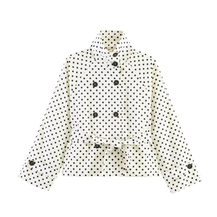 Women's Cropped Polka Dot Trench Coat with Stand Collar, Waist Belt and Double Button Placket Mune Fashion