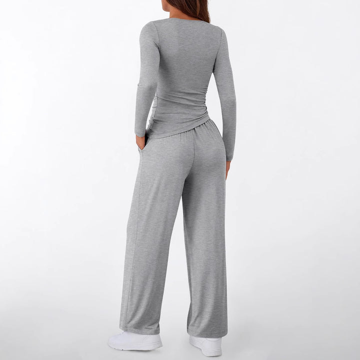 Women's Fitted Long Sleeve Shirt and Palazzo Jersey Pants Loungewear Set Mune Fashion