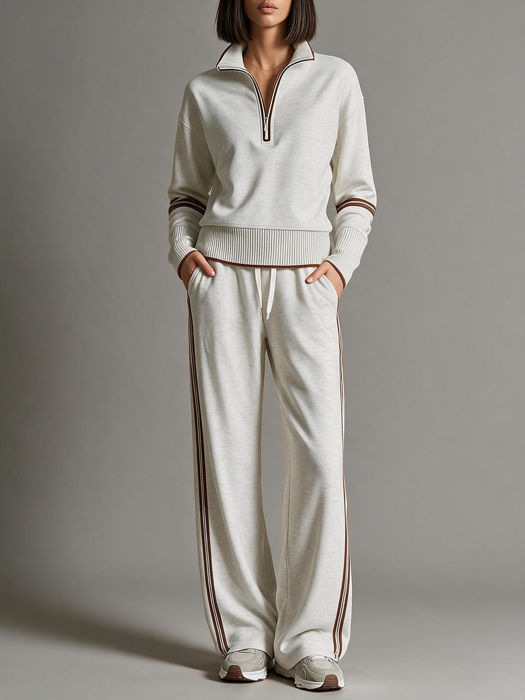 Women's Comfortable Knit Jogging Set with Stand-Up Collar, Half Zipper and Contrast Stripes Mune Fashion