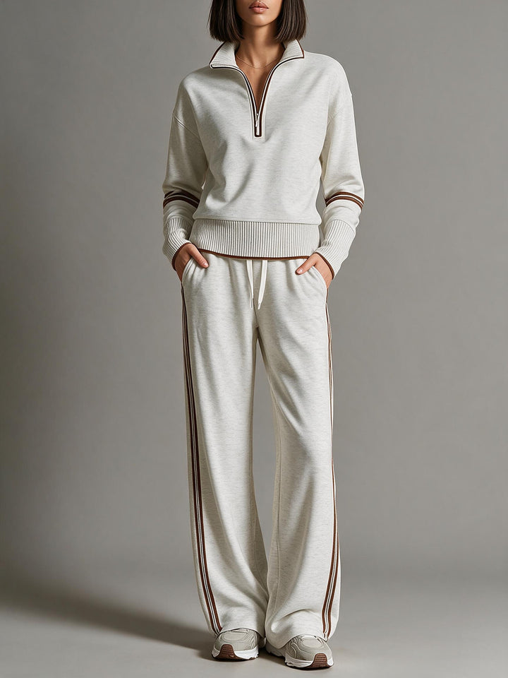 Women's Comfortable Knit Jogging Set with Stand-Up Collar, Half Zipper and Contrast Stripes Mune Fashion