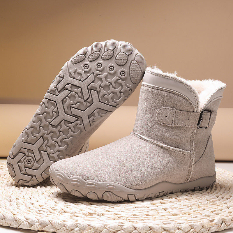 Women's winter ankle boots with faux fur lining, slip-resistant treaded sole, and adjustable buckle strap Mune Fashion