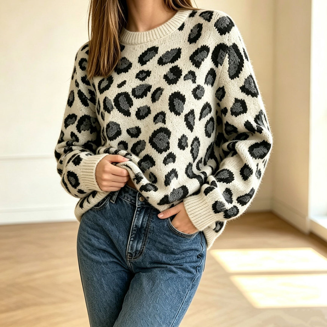 Women's Cozy Round Neck Sweater in Leo Jacquard with Relaxed Oversized Fit Mune Fashion