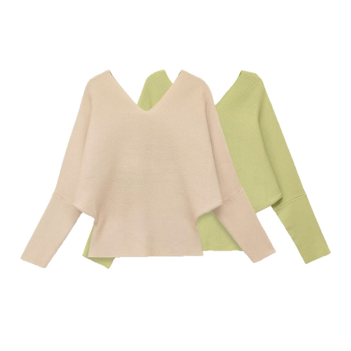 Women's Soft Fine Knit Top with Batwing Sleeves and Deep V-Neck Mune Fashion