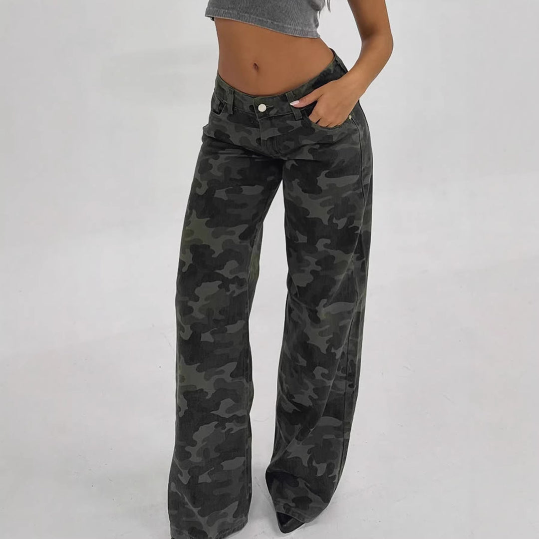 Women's Camouflage Denim Flared Pants with High Waist and Wide Leg Mune Fashion