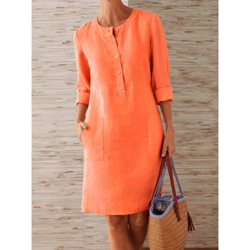 Women loose-fitting linen-look dress with three-quarter sleeves, button placket and side pockets Mune Fashion
