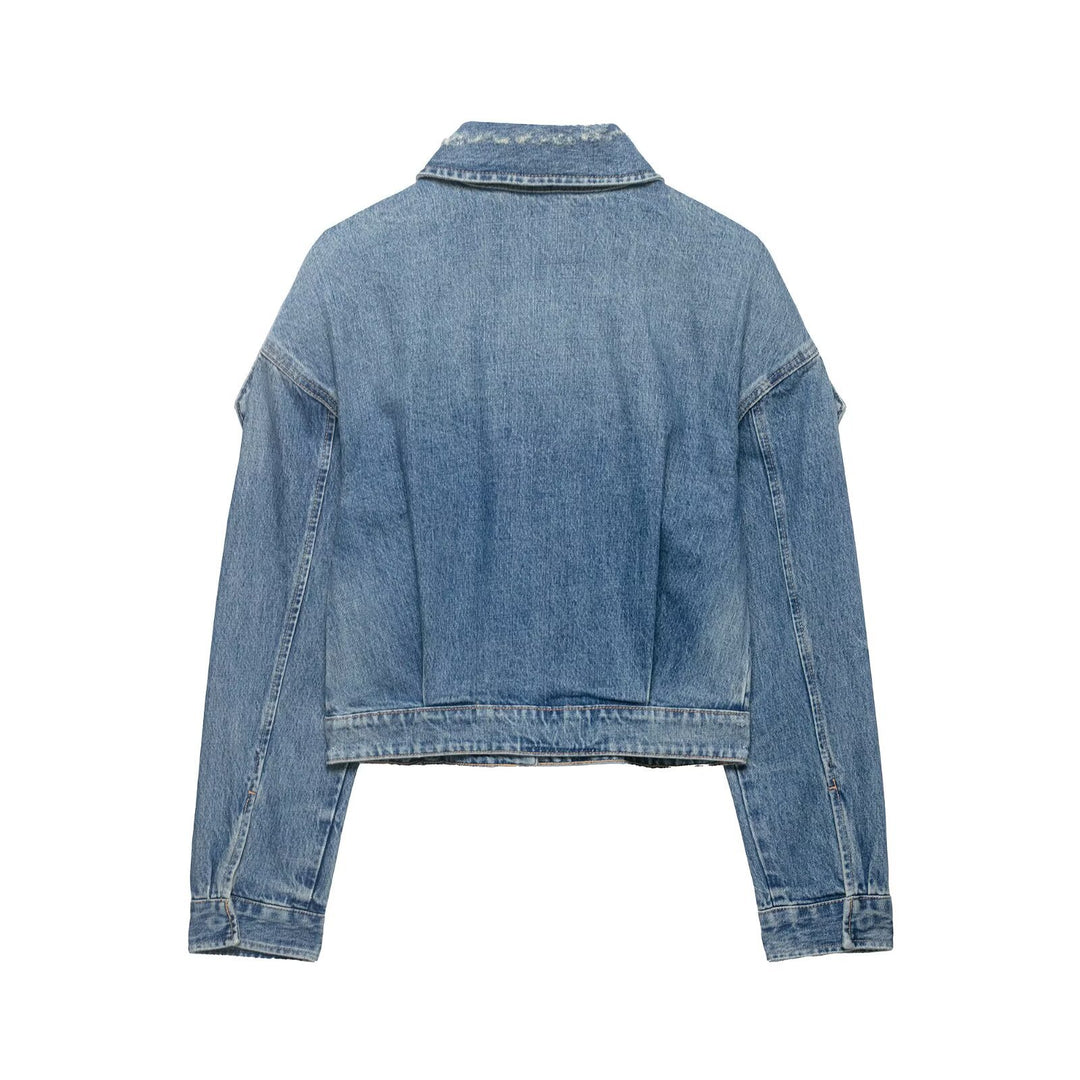 Ladies Cropped Denim Jacket with Epaulettes, Concealed Button Placket and Waist Belt Mune Fashion