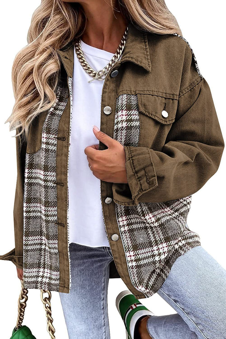 Women's casual shacket made of corduroy fabric with checked panel inserts and snap button closure Mune Fashion
