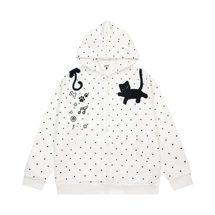 Women's hoodie sweatshirt jacket with cat ears, all-over polka dot and chenille cat applique Mune Fashion