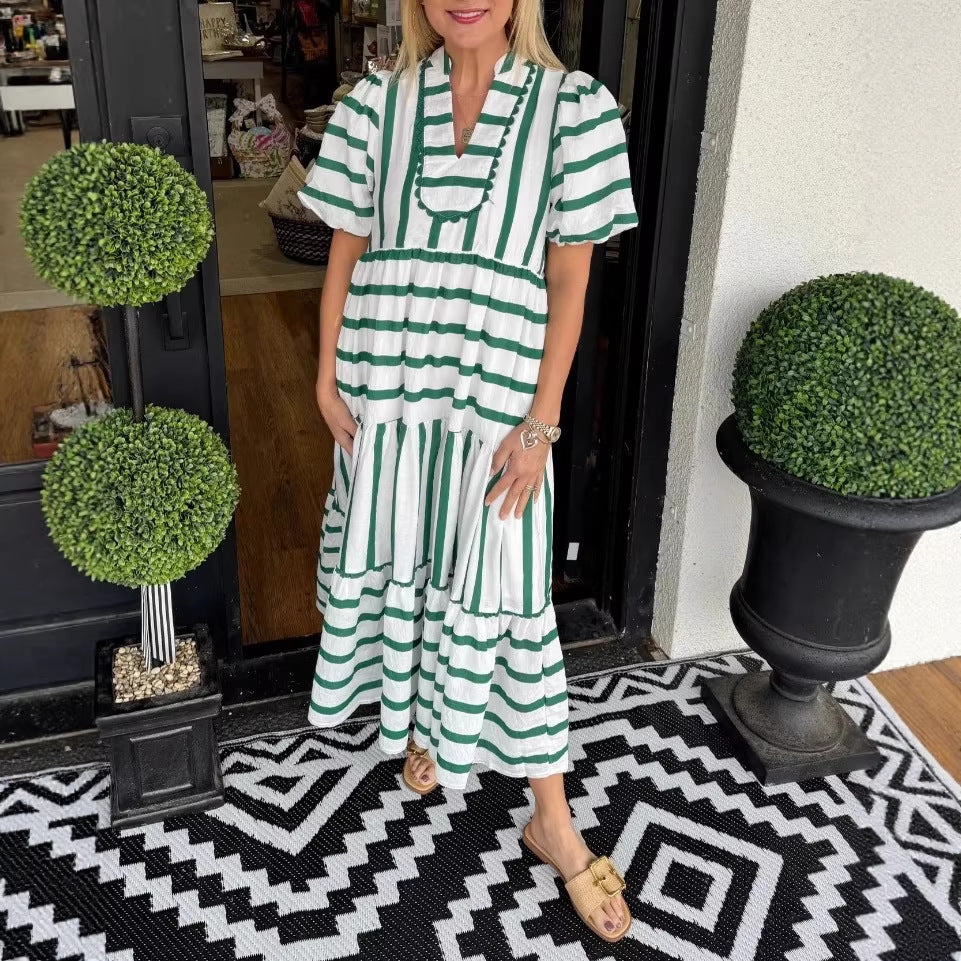 Women Striped Maxi Dress with Tiered Skirt, Ruffle Trim and Puff Sleeves Mune Fashion