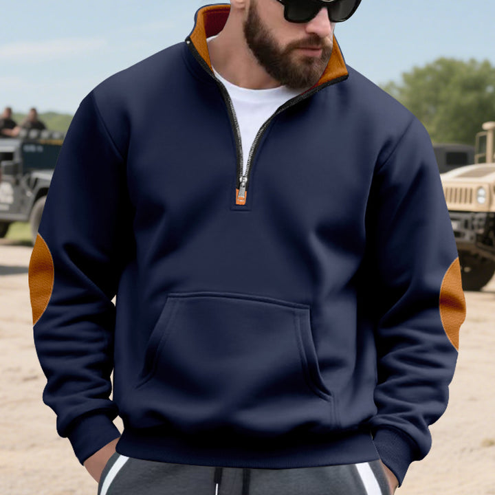 Men's Nano Insulated Half-Zip Pullover with Stand-Up Collar Fleece Lining Kangaroo Pocket and Suede Elbow Patches Mune Fashion