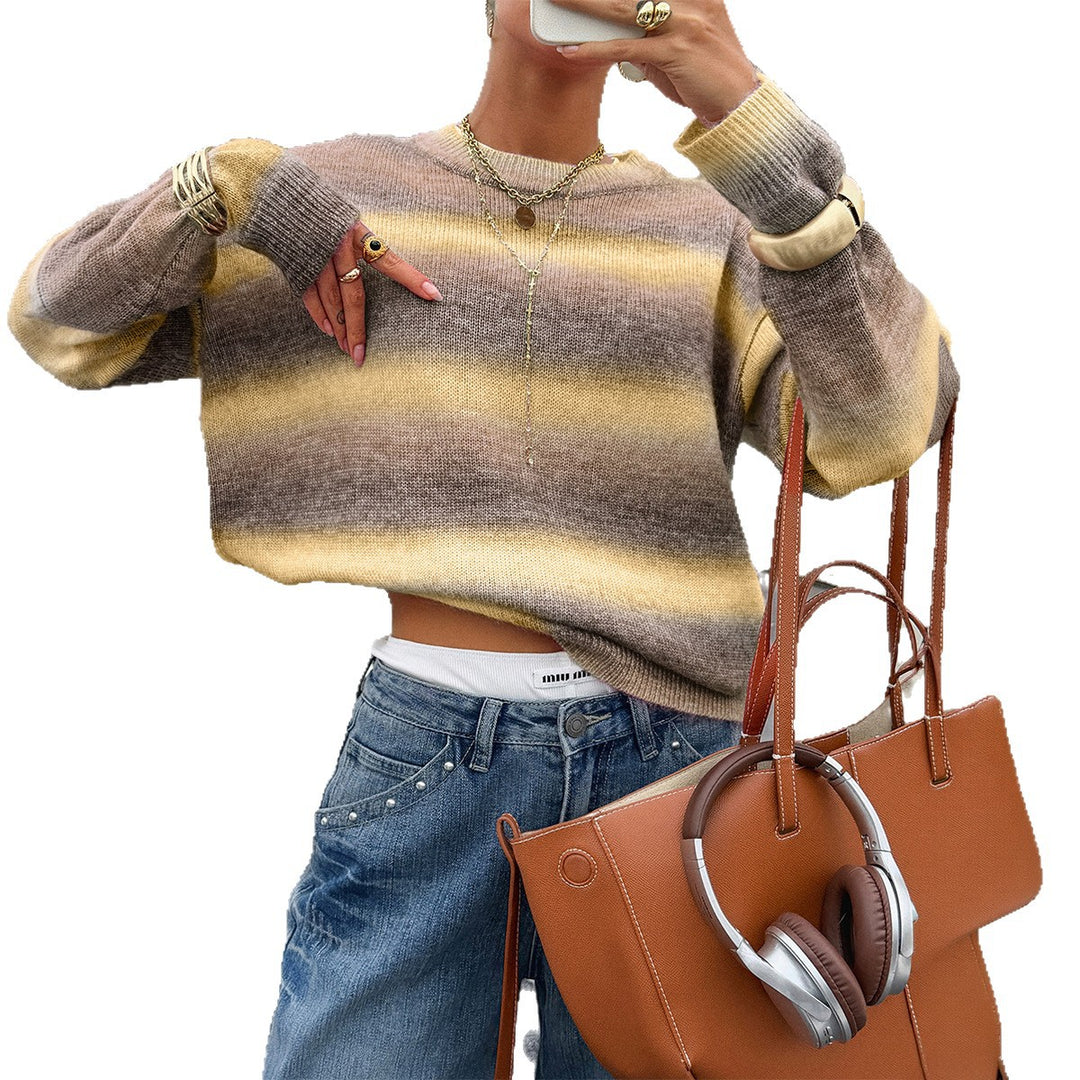 Women's oversized fine knit sweater with ombre gradient, round neckline, and dropped shoulder Mune Fashion