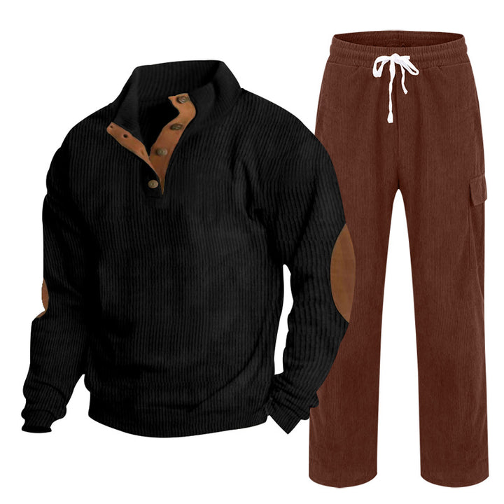 Men's Cozy Leisure Set made of Waffle Knit Henley with Elbow Patch and Relax Cargo Pants Mune Fashion