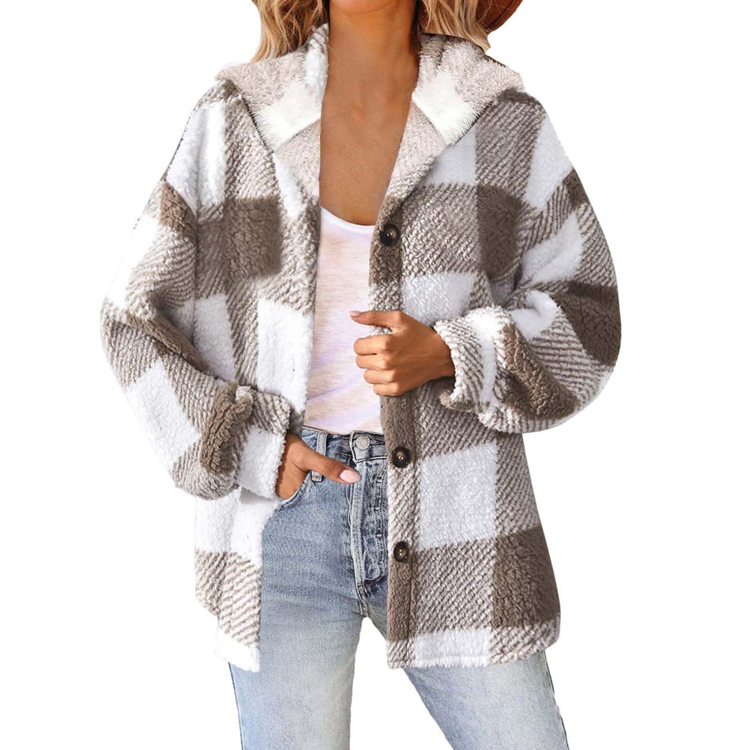 Women's fluffy checked teddy jacket with hood, button closure and oversized fit Mune Fashion