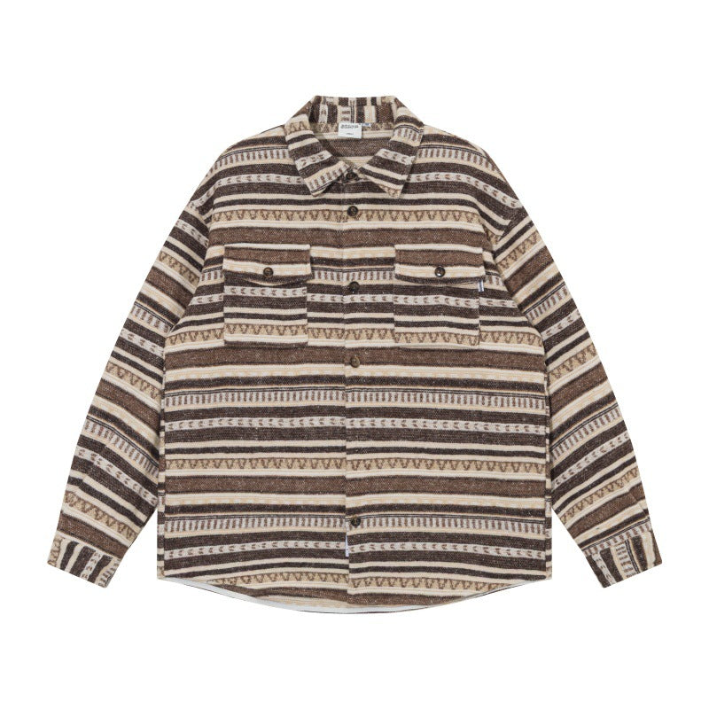 Unisex Oversize Knit Shirt Jacket in Ethnic Stripe Pattern with Flap Pockets Mune Fashion
