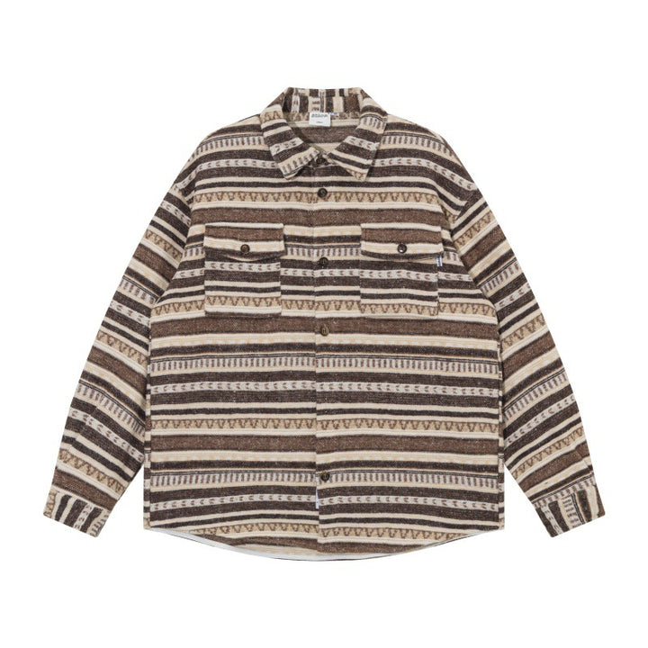 Unisex Oversize Knit Shirt Jacket in Ethnic Stripe Pattern with Flap Pockets Mune Fashion