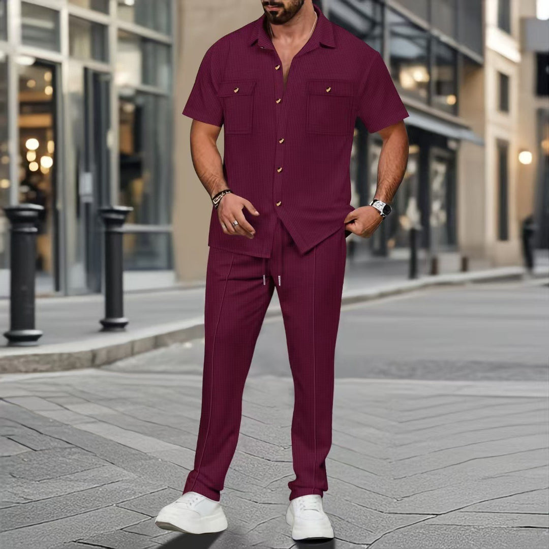 Men's casual lounge ensemble camp collar shirt with patch chest pockets and tapered drawstring pants Mune Fashion