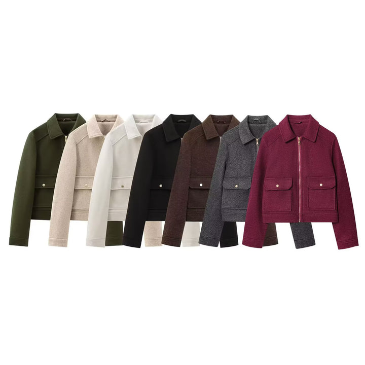 Ladies Short Wool Faux Field Jacket with Full Zipper and Four Flap Pockets Mune Fashion