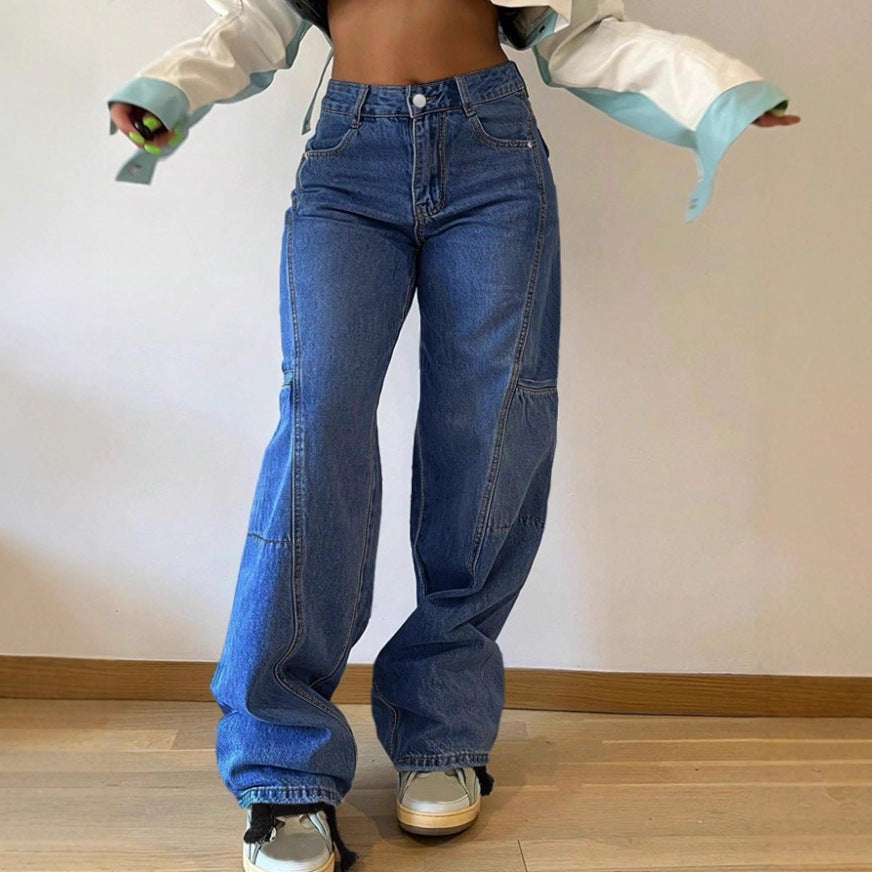Women's High-Waist Wide Cargo Denim Pants with Seam Panels and Baggy Silhouette Mune Fashion