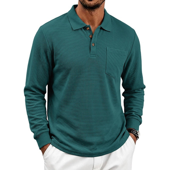 Men's Long Sleeve Waffle Piqué Polo with Button Placket and Chest Pocket Mune Fashion