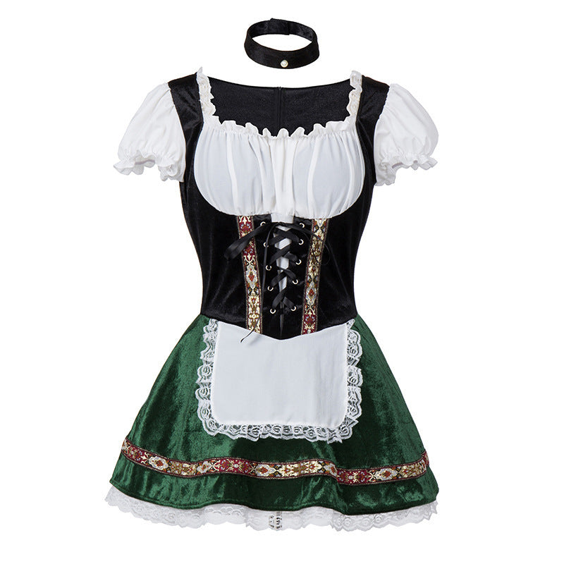 Women's short traditional dress in dirndl style with lacing, off-the-shoulder Carmen neckline, and decorative apron Mune Fashion