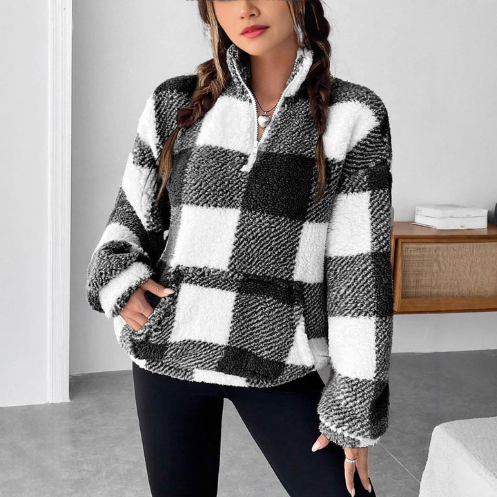Women's cozy Sherpa pullover with stand-up collar, half-zip and kangaroo pocket Mune Fashion