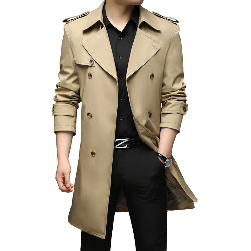 Men's Long Slim-Fit Double-Breasted Trench Coat with Epaulettes and Waist Belt Mune Fashion