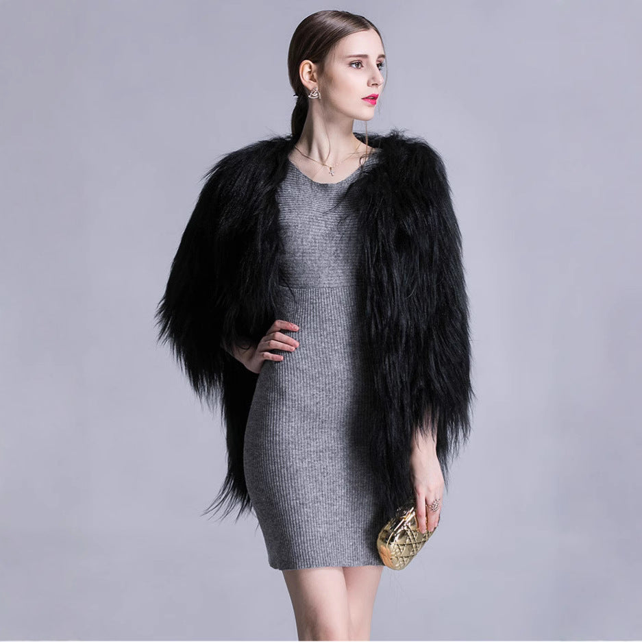 Women Long-Pile Faux Fur Coat with Open Front and Elegant Silhouette Mune Fashion