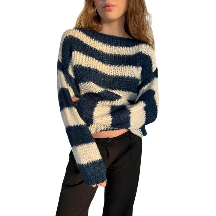 Women Chunky Knit Sweater with Wide Boat Neck and Cropped Fit Mune Fashion