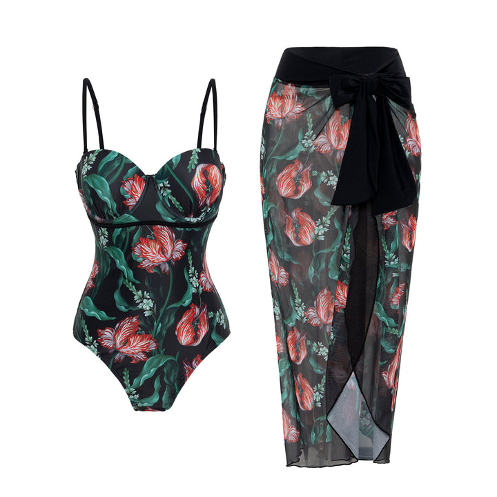 Women's swimwear with floral pattern and transparent sarong cover Mune Fashion