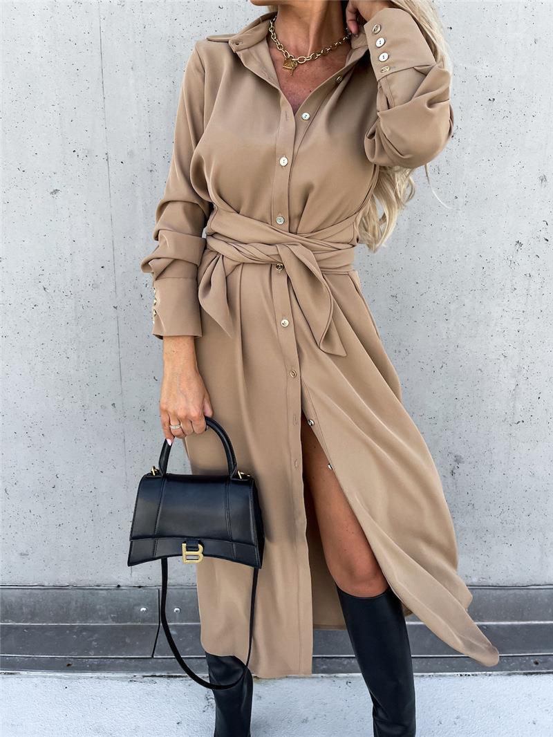 Women's Tailored Shirt Blouse Midi Dress with Tied Belt, Cuffs and Front Slit Mune Fashion
